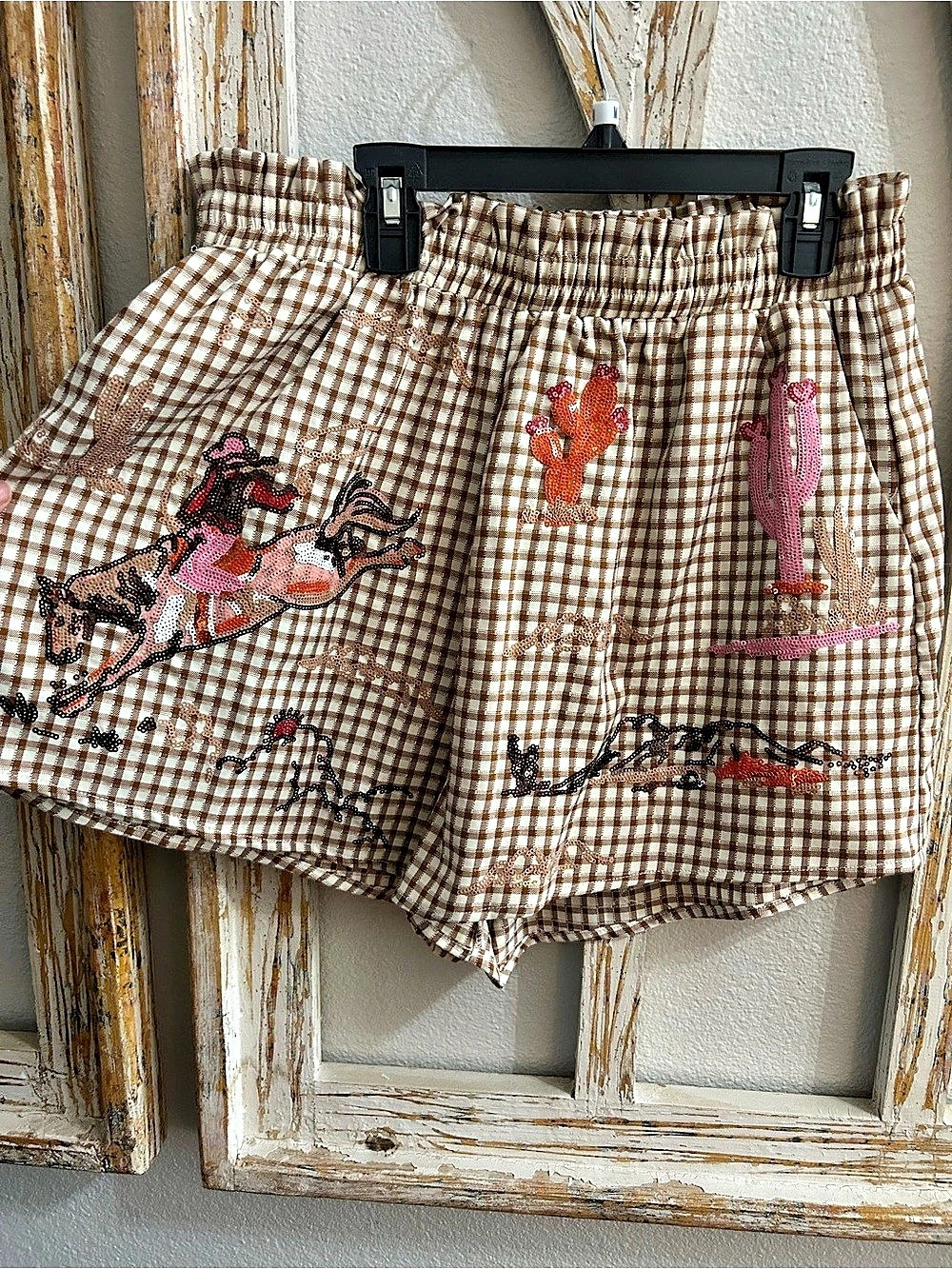 Queen of Sparkles Brown Gingham Bucking Cowgirl Shorts